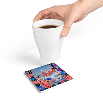 🌸🪽 The Garden Of Little Cupids Ceramic Coaster – Art Deco Floral Fantasy