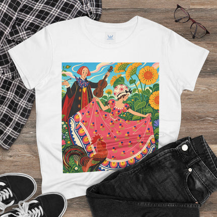 🎻🐓 The Garden Serenade Cotton Tee – Art Deco Folk Whimsy