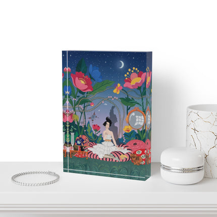 🌙🌺 The Midnight Garden Reverie Acrylic Art Block – Art Deco Botanical Whimsy