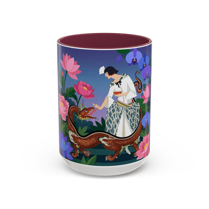 The Lady And The Garden Dragon Colorful Mugs – Art Deco Mythical Botanical Elegance