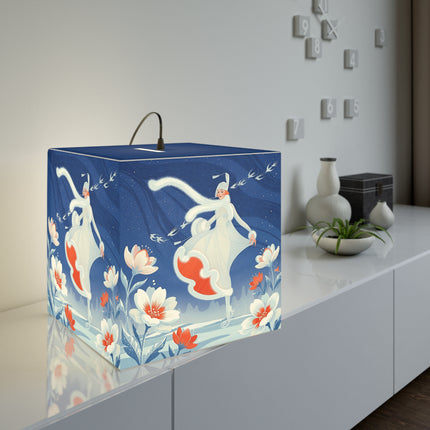 ❄️⛸️ The Winter Skater’s Flight Light Cube Lamp – Art Deco Floral Fantasy