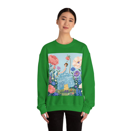 🌸🩵 The Blue Ruffle Garden Crewneck Sweatshirt – Art Deco Floral Whimsy