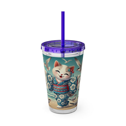 Geisha Kitten by the Seaside Sunsplash Tumbler with Straw, 16oz