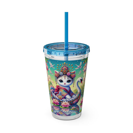 Geisha Kitten’s River Voyage Sunsplash Tumbler with Straw, 16oz