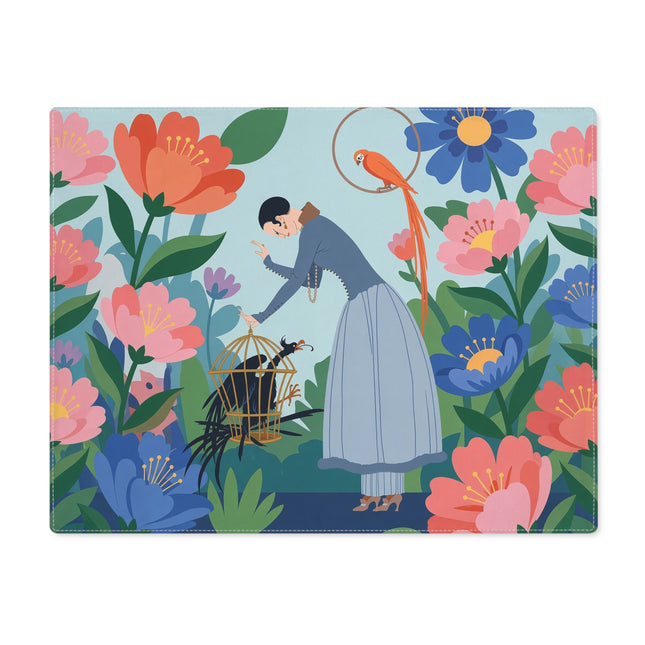 🦜🌺 The Lady Of The Garden Aviary Placemat – Art Deco Floral Whimsy