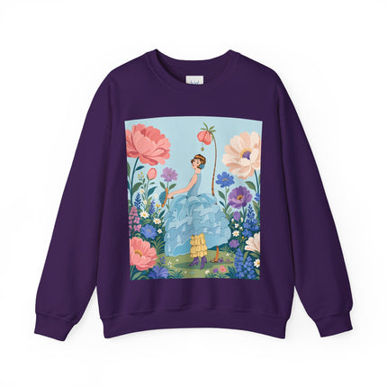 🌸🩵 The Blue Ruffle Garden Crewneck Sweatshirt – Art Deco Floral Whimsy