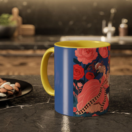 The Lady And The Scarlet Macaw Colorful Mugs – Art Deco Floral Elegance