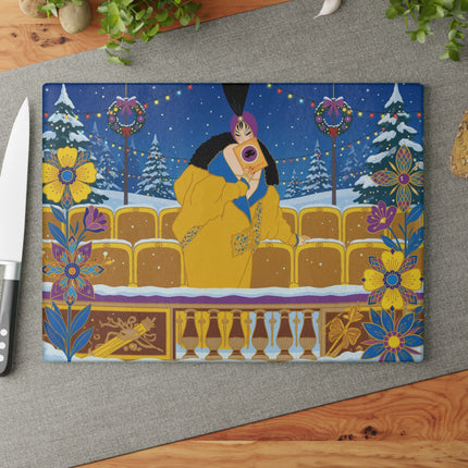 🎭❄️ The Lady Of The Snowbound Theatre Glass Cutting Board – Art Deco Holiday Elegance
