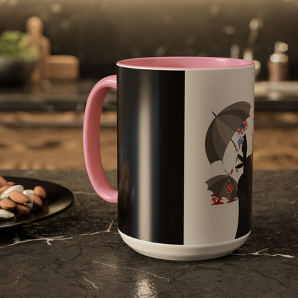 The Lady of Silver Umbrellas Colorful Mug (11oz, 15oz) – Art Deco Mystery, Elegant Fashion & Silver Dreamscape
