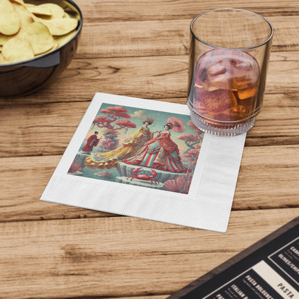 Cherry Blossom Courtesans & Crimson Crab White Coined Napkins – Imperial Elegance & Playful Charm