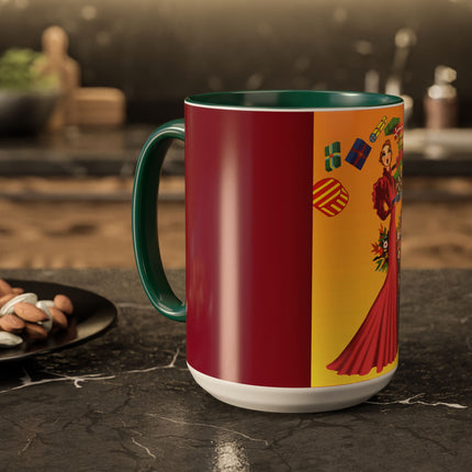 Elegant Holiday Woman with Gifts Colorful Mugs (11oz, 15oz)