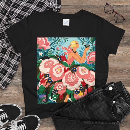🌸🐦 The Girl Of The Little Birds Cotton Tee – Art Deco Floral Whimsy