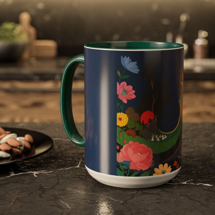 The Lady And The Crimson Moonbird Colorful Mugs – Art Deco Whimsical Garden Elegance