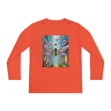 Neon Swarm Youth Long Sleeve Competitor Tee – Cyberpunk Flight & Futuristic Energy
