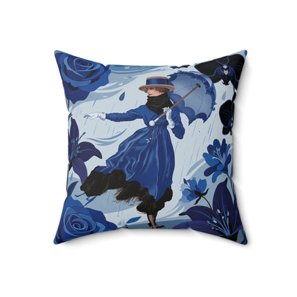 ☔💙 The Blue Rain Promenade Square Pillow – Art Deco Floral Fashion