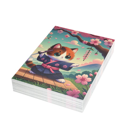 🐱🌸 The Cherry Blossom Samurai Kitten Greeting Card – Whimsical Warrior Charm