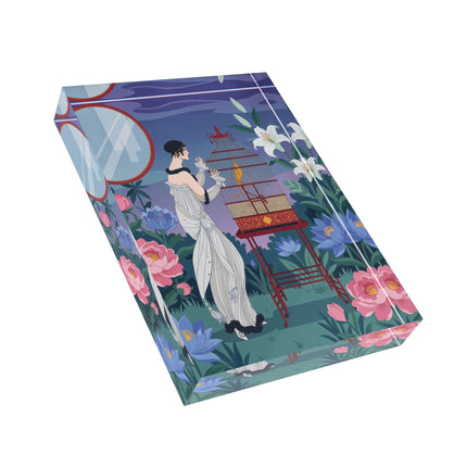 🦜🌸 The Lady Of The Garden Aviary Acrylic Art Block – Art Deco Botanical Elegance