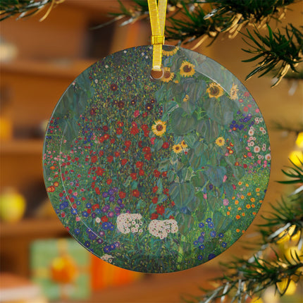 Farm Garden with Sunflowers by Gustav Klimt Glass Ornament