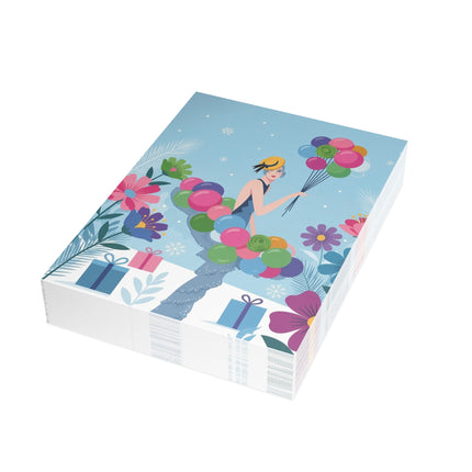 🎈❄️ The Lady Of The Winter Balloons Greeting Card – Art Deco Holiday Whimsy