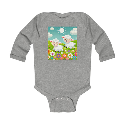 Pair of Lambs Baby Long Sleeve Bodysuit – Sweet Pastoral Lambs Meadow Design