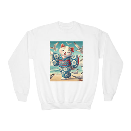 Geisha Kitten by the Seaside Youth Crewneck Sweatshirt – Coastal Charm, Joy & Whimsical Elegance