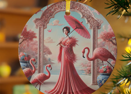 Petals, Porcelain, and Flamingos Glass Ornaments