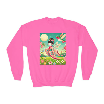 Geisha Fairy and the Hummingbird Blossom Youth Crewneck Sweatshirt – Magic, Grace & Dreamlike Beauty