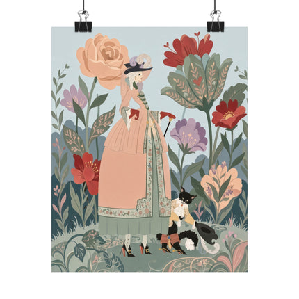🌸🐈 The Lady And Puss In Boots Grand Floral Promenade Matte Vertical Poster – Art Deco Fashion Whimsy