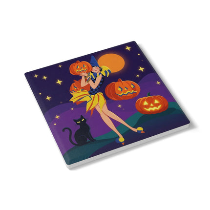 🎃🌙 Moonlit Pumpkin Masquerade Ceramic Coaster – Whimsical Halloween Charm