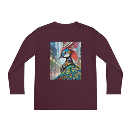 Techno Plumes Youth Long Sleeve Competitor Tee – Futuristic Elegance & Neon Feathers