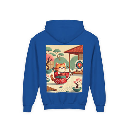 Archer Kitten in the Zen Garden Youth Hooded Sweatshirt – Calm Focus & Playful Strength