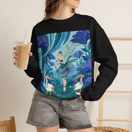 🪶🌺 The Pelican Garden Dance Crewneck Sweatshirt – Art Deco Botanical Whimsy