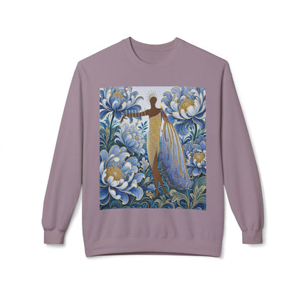 💙✨ The Lady Of The Gilded Blue Blossom Garden Midweight Crewneck Sweatshirt – Art Deco Floral Elegance