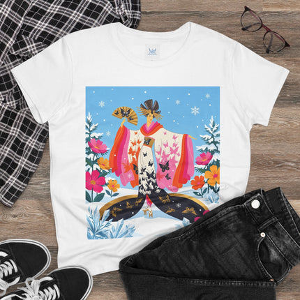 🦋❄️ Butterflies In The Snow Cotton Tee – Art Deco Japanese Floral Fantasy