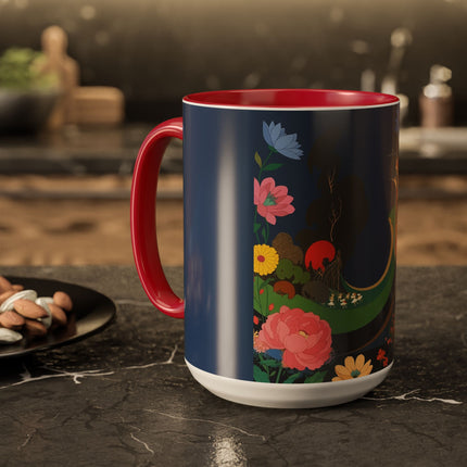 The Lady And The Crimson Moonbird Colorful Mugs – Art Deco Whimsical Garden Elegance