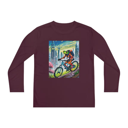 Cyberpunk Frog Youth Long Sleeve Competitor Tee – Neon Trails & Futuristic Adventure