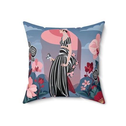 🖤🌸 The Lady Of The Striped Promenade Square Pillow – Art Deco Floral Elegance