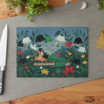 🌺🔍 The Lady In The Secret Garden Glass Cutting Board – Art Deco Floral Elegance