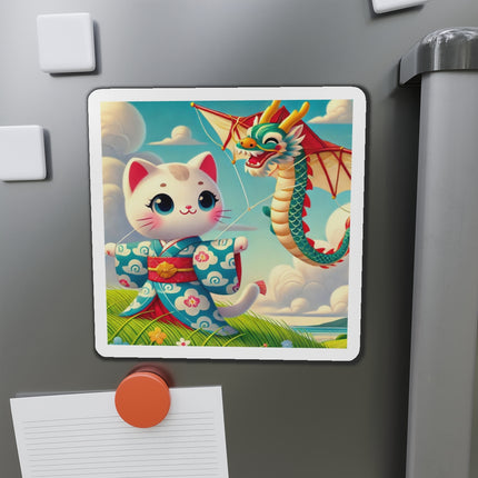 Geisha Kitten and the Dragon Kite Die-Cut Magnets (5 Sizes)