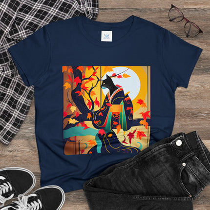 Black Cat in Kimono Women's Midweight Cotton Tee
