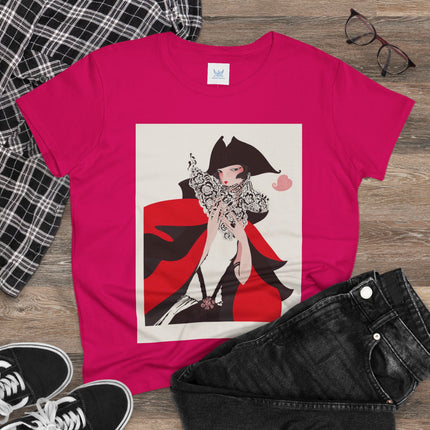 Crimson Masquerade Women's Midweight Cotton Tee – Dramatic Elegance & Art Deco Mystery