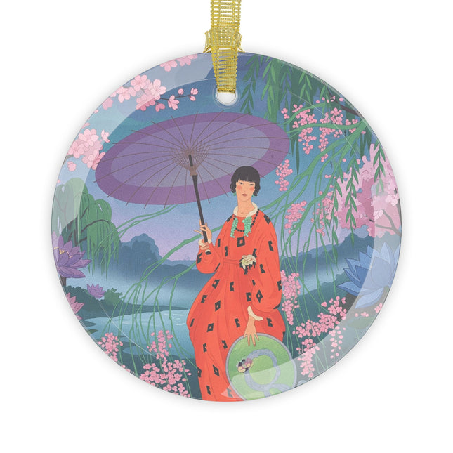 🌸☂️ The Lady Of The Cherry Blossoms Glass Ornament – Art Deco Spring Elegance
