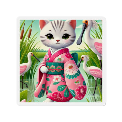Geisha Kitten Strolls Among the Spoonbills Die-Cut Magnets (5 Sizes)