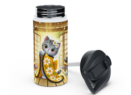 Playful Kitten in the Tea Room Stainless Steel Water Bottle, Standard Lid