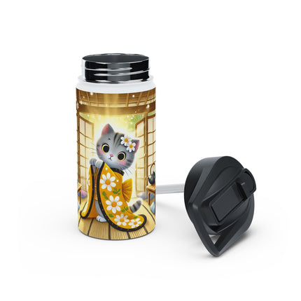 Playful Kitten in the Tea Room Stainless Steel Water Bottle, Standard Lid