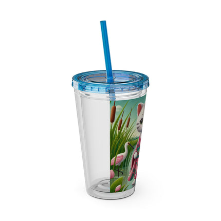 Geisha Kitten Strolls Among the Spoonbills Sunsplash Tumbler with Straw, 16oz