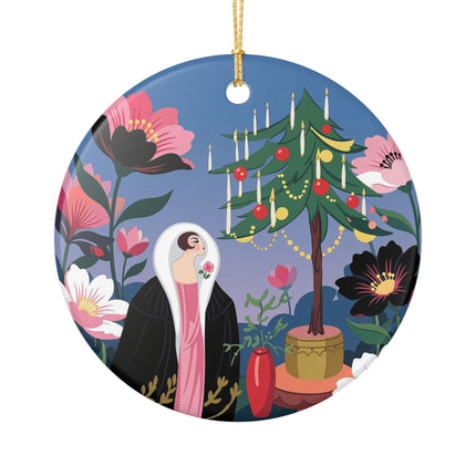 🌹🎄 The Lady Of The Candlelit Rose Tree Ceramic Ornament – Art Deco Christmas Garden