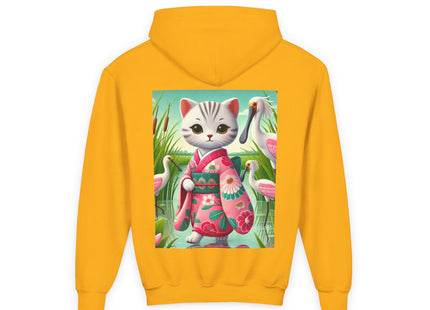 Geisha Kitten Strolls Among the Spoonbills Youth Heavy Blend Hooded Sweatshirt