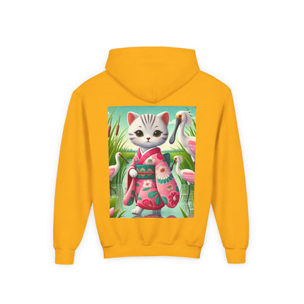Geisha Kitten Strolls Among the Spoonbills Youth Hooded Sweatshirt – Graceful Nature & Whimsical Charm