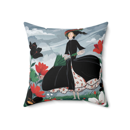 🌧️🌺 The Stormy Flower Walk Square Pillow – Art Deco Floral Fashion